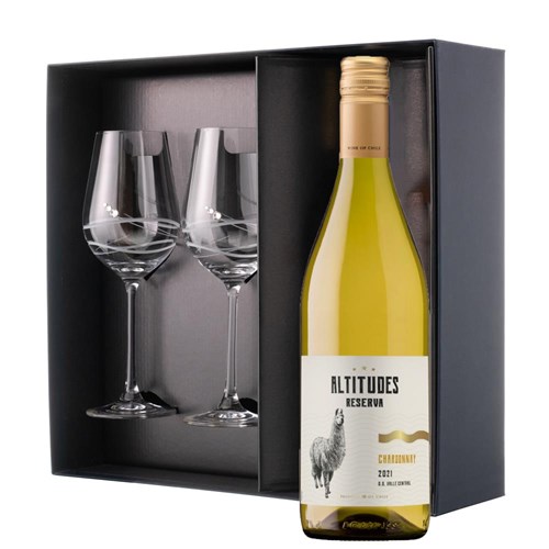 Altitudes Reserva Chardonnay 75cl White Wine And Diamante Venezia Glasses Gift Box Set